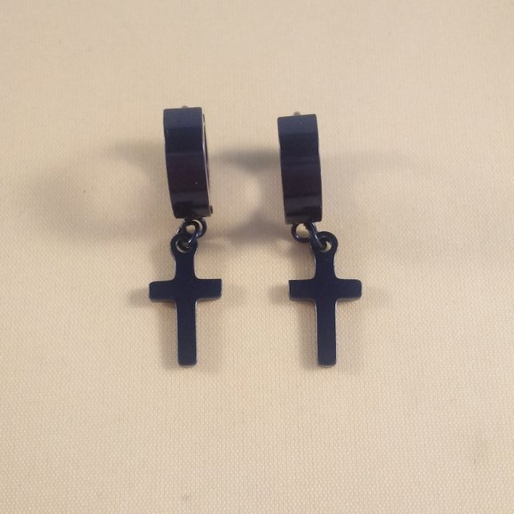 Mens Blue Stainless Steel Cross Hoop Huggie Dangle Earrings 14mm Party Gift - Picture 2 of 4